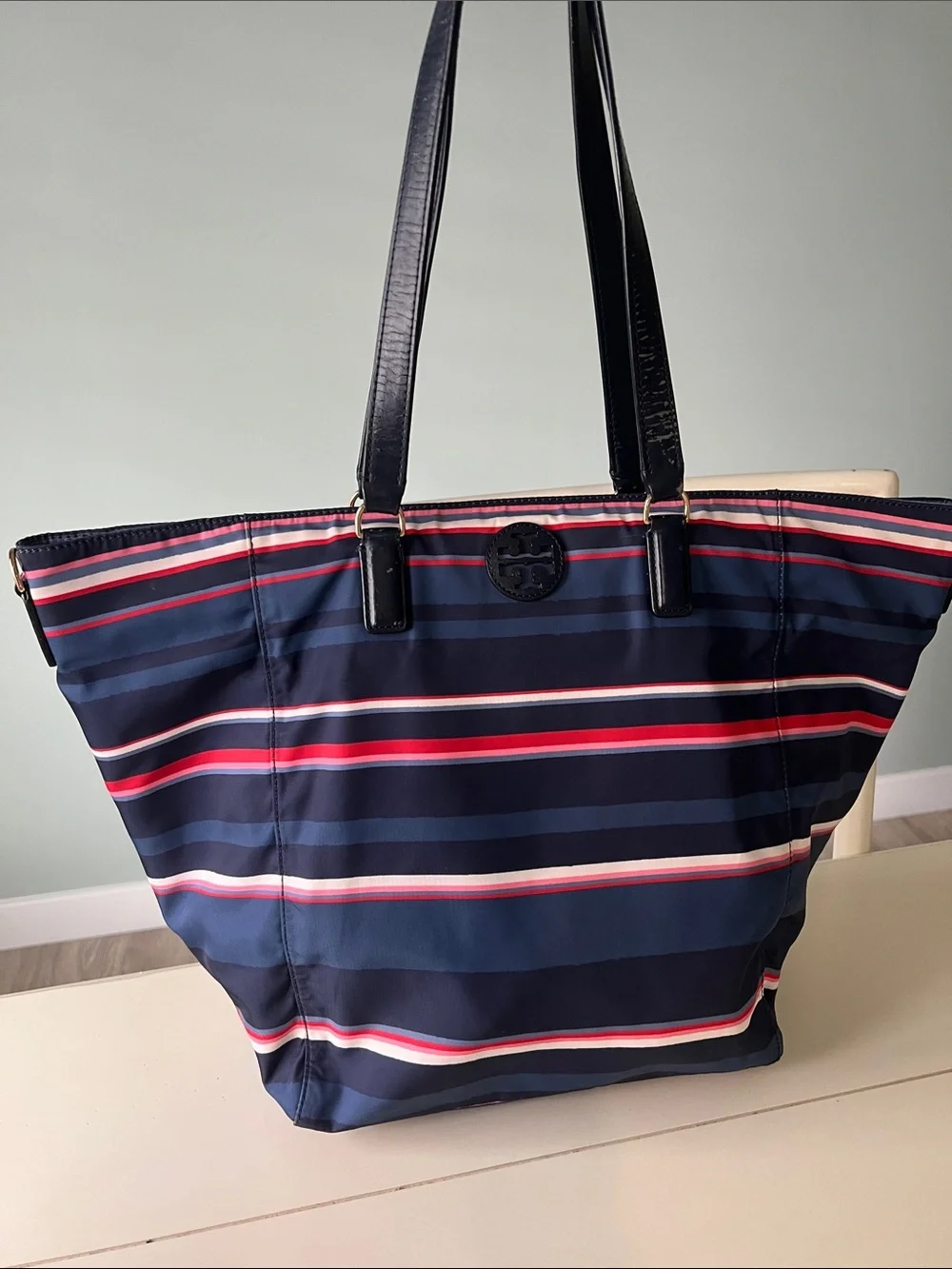 Tory Burch Nylon Stripe Zipper Tote Navy with red & navy comes with a scarf